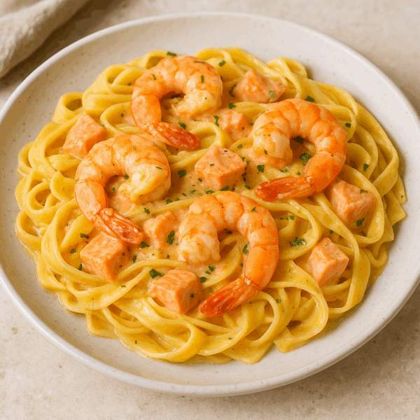 Tagliatelle al salmone e gamberi